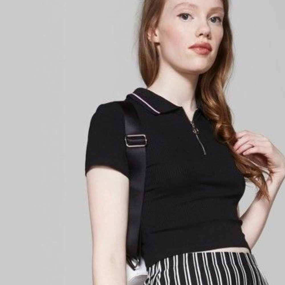 Wild Fable Half Zip Black Polo Crop Shirt